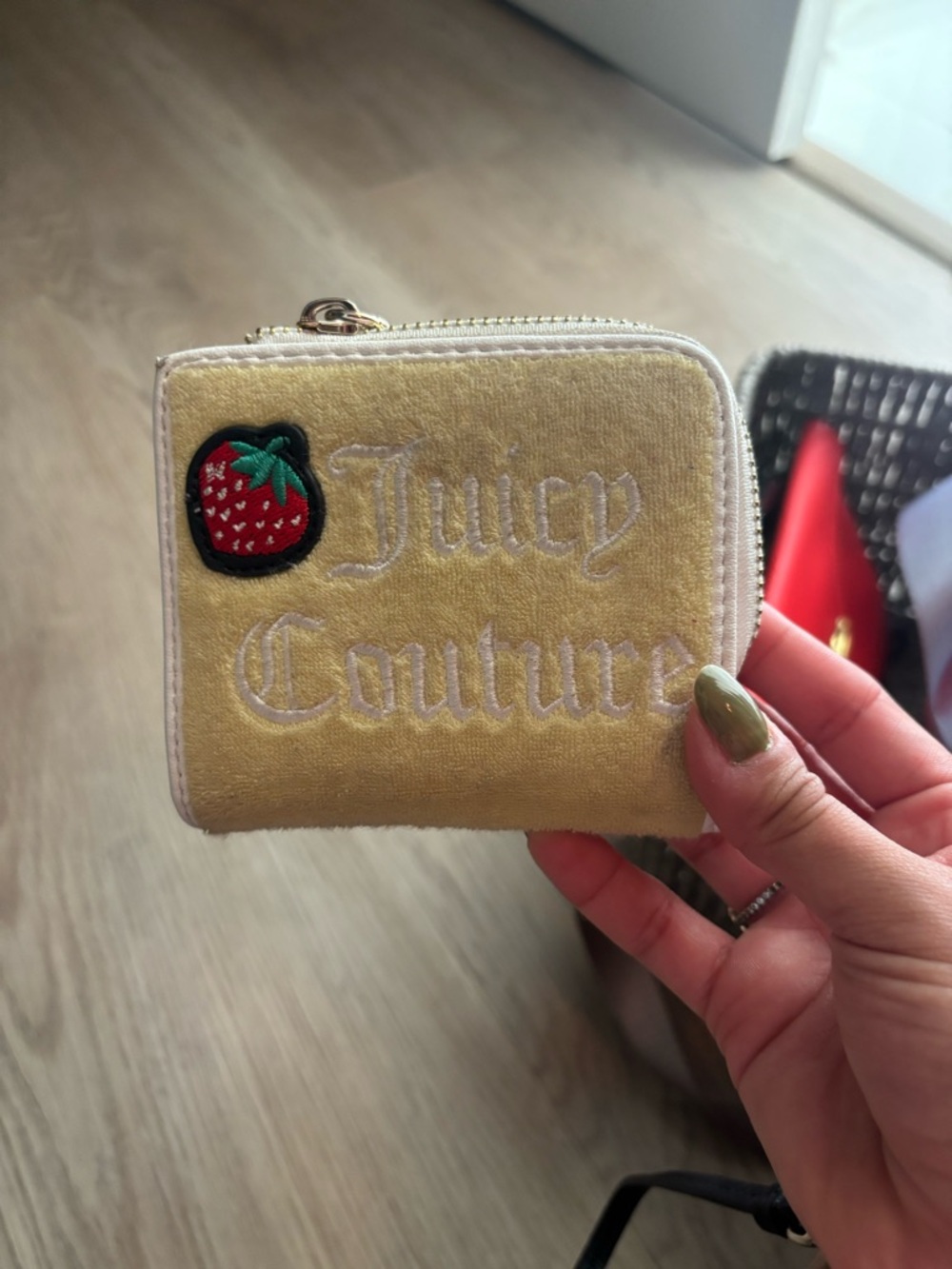 Juicy Couture Pale Yellow Velvet Zip Wallet with Strawberry Patch